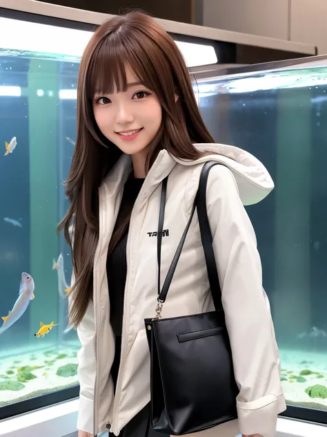 product quality, 1 girl, cowboy shot, front view, a Japanese young pretty girl, long bob hair, standing with a big smile in a crowded aquarium in a big city, shiny satin white down parka over a black sweater, black miniskirt, a tote bag over her shoulder, ...