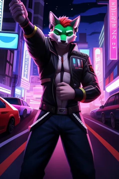 Inter-dimensional Mexican standoff: A tense and dramatic scene featuring an anthropomorphic Mexican character, standing alone in the middle of a chaotic cityscape. From a third-person perspective, his back is towards us, revealing his vibrant cyberpunk jac...