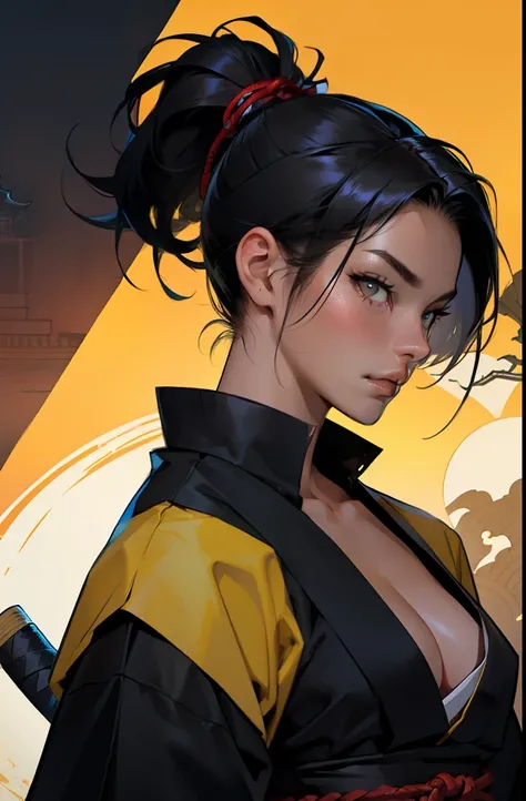 Masterpiece, Best quality,Samurai of Japan，1 female, Black hair with high ponytail, Bright eyes, heroic look, Wear a Japanese katana, Japanese samurai costumes and ninja costumes are yellow, Black, yellow and red，splendid，Facial details, The face is delica...