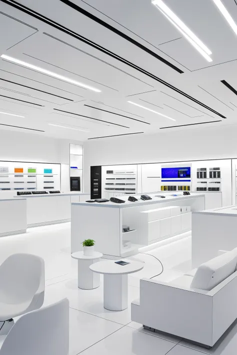 all white scene，tech style，Product store，Digital products，simple light，pure color，Wide-angle lens