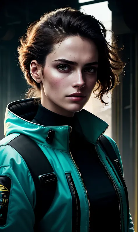 fotografia de retrato cyberpunk, beautiful young woman looking away from the camera in a bright futuristic jacket, Rosto super realista, eyes visible through hair, proper eye position, pele natural, Luz suave, luz de aro, quadris, na beira da estrada, fund...