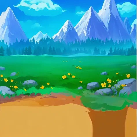 cartoon scene mountain landscape，There are grasses and flowers, mobile Game background, background mountains, background art, 2D game art background, videoGame background, mobile game art, 2d Game background, mountainous area背景, Game background, mountain b...