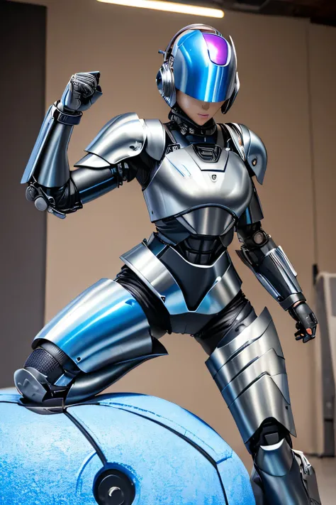 female robocop solo、Armor that completely covers the whole body、very large armor、helmet to hide eyes、rainbow armor、Armor that completely covers the chest、thin and long legs、Vibrant posel body view