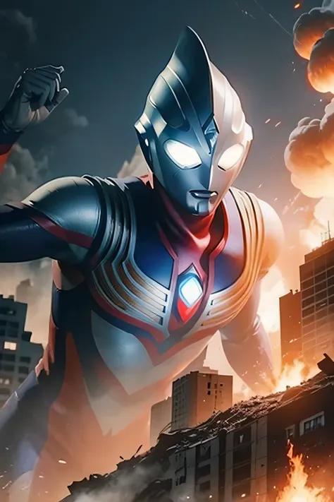 ultraman，the battle unfolds、fierce confrontation、collapsed building、flames abounded