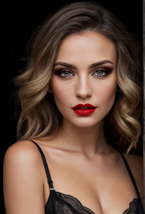 1girl,black background,forehead,grey eyes,lips,long hair,looking at viewer,makeup,mole,nose,portrait,realistic,red lips,Raw photo,8k,realistic skin details,realistic hair details,perfect skin,8k uhd,dslr,high quality, blonde, big breast, in lingerie