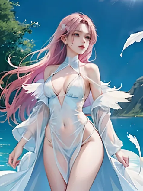 Beautiful and slim perfect body、very long pink hair、cool look、whole body expression、medium breasts、off-shoulder white bikini armor、A long see-through dress that looks like a light blue feather robe、The nipples are transparent、The background is a moonlit la...