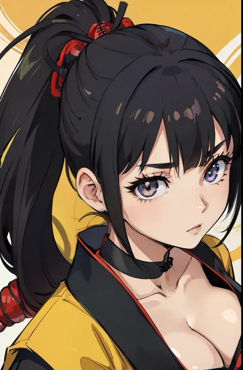 Masterpiece, Best quality,Samurai of Japan，1 female, Black hair with high ponytail, Bright eyes, heroic look, Wear a Japanese katana, Japanese samurai costumes and ninja costumes are yellow, Black, yellow and red，splendid，Facial details, The face is delica...