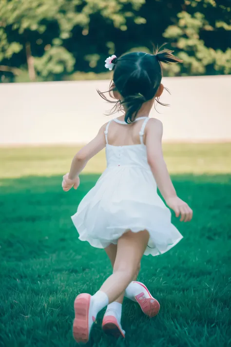 (3k) girl running through the grass looking at me in the back, wearing white dress, blured background 