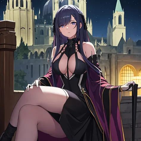 a woman in a sophisticated black dress, dark violet hair, outside a sophisticated German castle at night.
