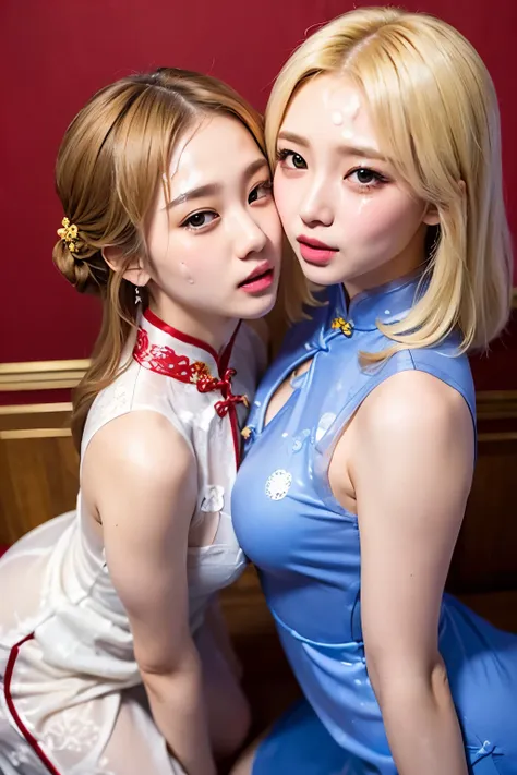 ((blank background)),(((two girls wearing cheongsam))),(one is a 22-year-old korean kpop idol with short blonde hair.),(one is a...