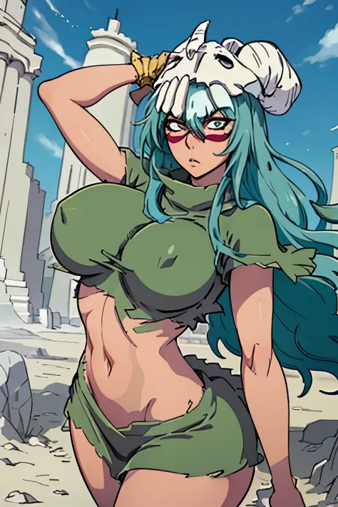 Neliel in adult form, a tall, stunning woman with an imposing stance, wielding a sharp silver spear, curvaceous body, large breasts, Neliel from bleach, wavy green hair, high sharpness, attention to detail, absurd details, ultra definition, dynamic poses ,...