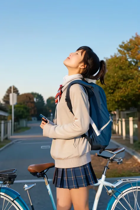 high school student　look up at the sky　white breathが出る　Coming to school in the morning　white breath　cold morning　early morning　　bicycle　　Rear view