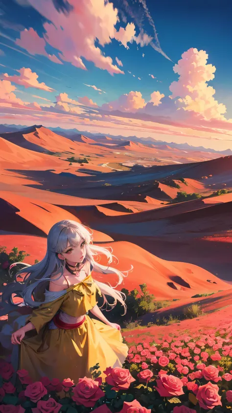 Summer, desert, pink clouds, a land overgrown with roses stands beautiful girl, James Gurney, art station rendered, ultra-wide lens, high definition