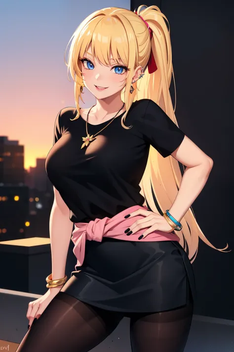 
long blonde hair, ponytail, bangs, blue eyes, pink lipstick, smile, sexy position, piercings, earrings, bracelets, necklace, medium breasts, black shirt, cold look, black_ skirt,  background, city sunset , Red _nails,, pantyhose_black, hands on the waist....