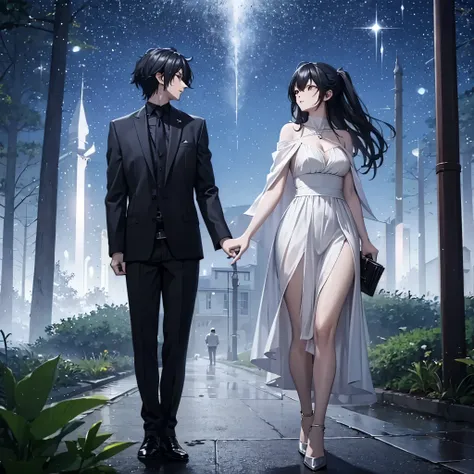 a man in black casual clothes holding hands with his wife in a white dress, in a park at night, illuminated.