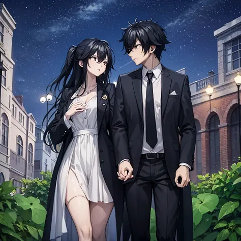 a man in black casual clothes holding hands with his wife in a white dress, in a park at night, illuminated.
