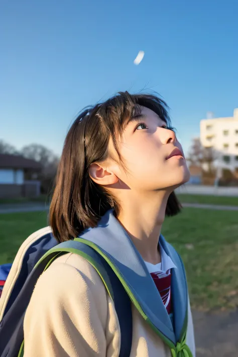 high school student　look up at the sky　white breathが出る　Coming to school in the morning　white breath　cold morning　early morning　　bicycle　　Rear view