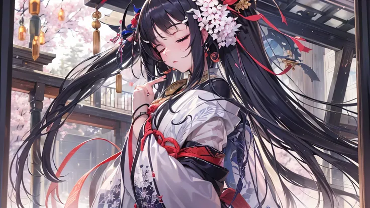 (perfect anatomy, masterpiece:1.2, best quality, 8k, beautiful detailed grow, daydreaming expression, cute-detailed closed eyes, in a shrine maiden costume), break, (hold long bow gripping long bow in hands), (solo:1.2 blunt bangs black hair long hair beau...