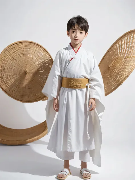 A 7-year-old boy，Ancient Chinese costumes, whole body, Sunlight, clear face, clean white background, masterpiece, Super detailed, epic work, ultra high definition, high quality, Very detailed, official art, unified 8k wallpaper, Super detailed, 32k