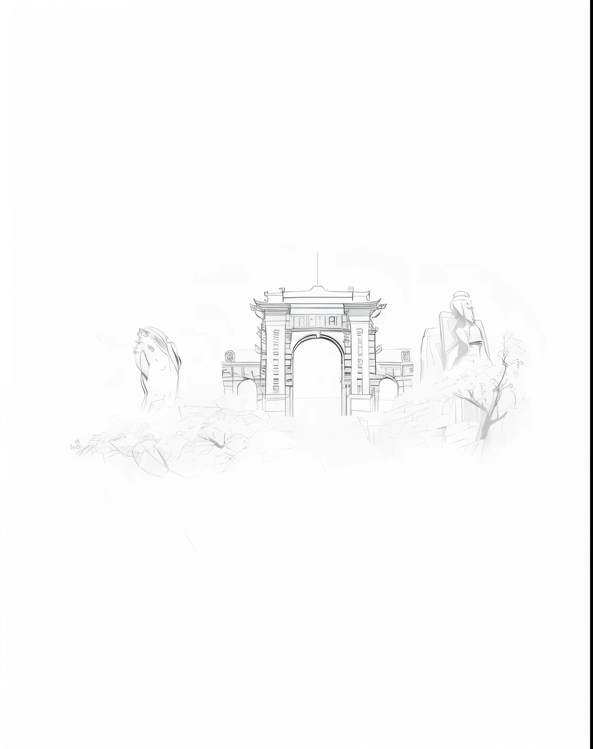 beautiful, masterpiece, best quality, extremely detailed face, perfect，detailed draft，Carefully draw line drawings，prominent，Stone，Tsinghua University, the second gate