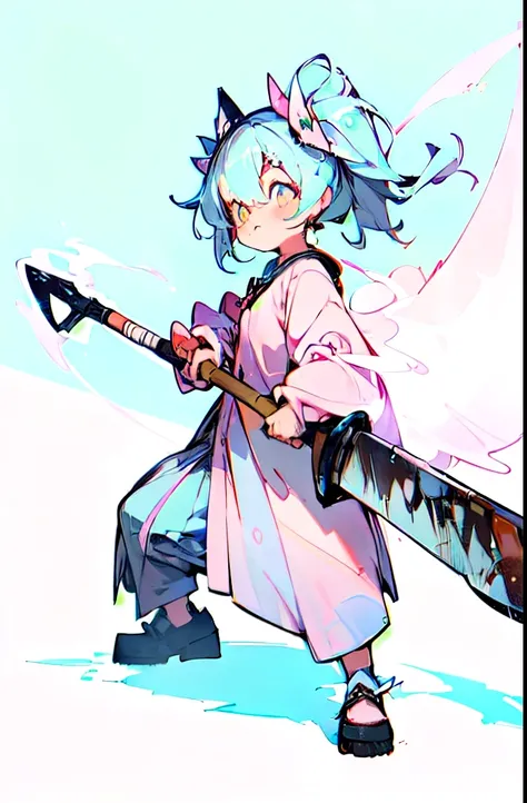 (cute illustration:1.5),(pastel colour:1.5),(cute,cute,sweet:1.2),
1 girl,alone,sticking out tongue、Laughing pastel color blouse,pastel color mini skirt full body,(open stance),
break
(fiercely glowing ax:1.5)
(He holds a huge ax in his hand:1.2),
(huge an...