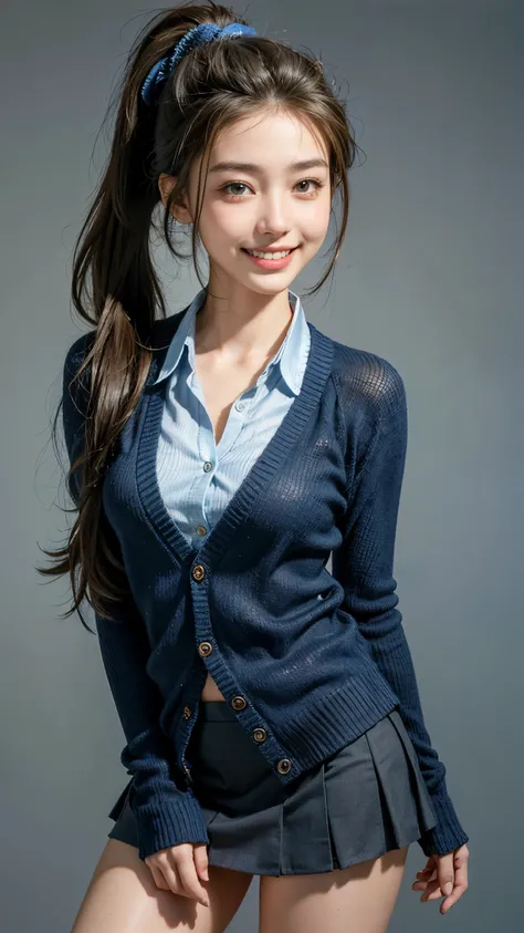 highest quality, masterpiece, ultra high resolution, (realistic:1.4), (front portrait) RAW photo, 1 girl, 18-year-old,((Dark blue knitted cardigan)),((miniskirt student uniform)),((ponytail and hair tie)),realistic,((Simple solid color background)), Pi,((t...