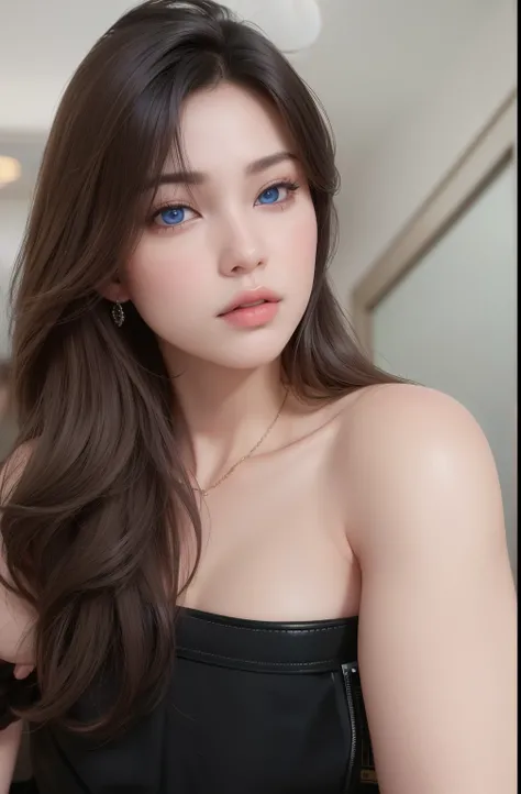 Beautiful big breastokeh), indoors, detailed luxury living room, gentle and charming beautiful goddess, Korean(kpop-idol), solo, necklace, oval face, double eyelids, smart, good hands, good feet, Natural, (from below angle), (glossy skin:1.05), ((low angle...