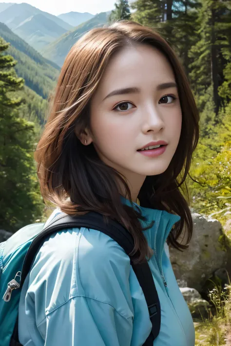 (surreal), (High resolution), (8k), (very detailed),  (beautiful and detailed eyes), (highest quality), (Super detailed), (masterpiece), (detailed face), soft focus、emma watson face、big breasts、Japan Travel、Nice views、hiking、rucksack、windbreaker、have、laugh...