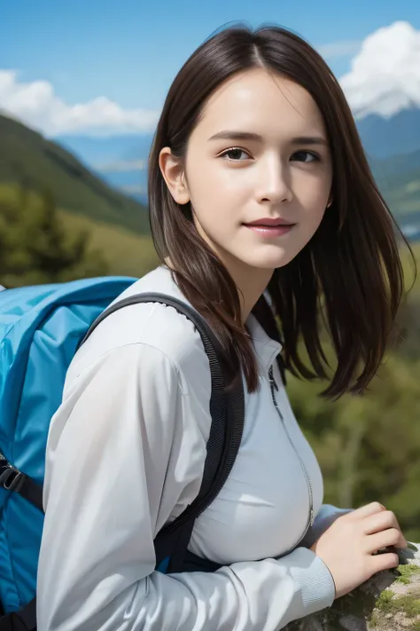 (surreal), (High resolution), (8k), (very detailed),  (beautiful and detailed eyes), (highest quality), (Super detailed), (masterpiece), (detailed face), soft focus、emma watson face、big breasts、Japan Travel、Nice views、hiking、rucksack、windbreaker、have、laugh...