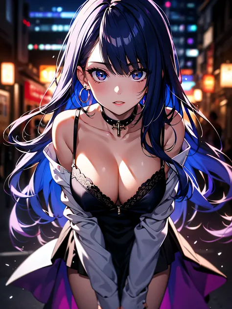 The middle of a journey,(((Super detailed, 8K quality))),,hair above one eye, red eyes, clear eyes, choker, open jacket,anime style, movie portrait photography, 1 female, 22 years ago,椅子にsit、cross your legs、blue eye background, big and full breasts, anger,...