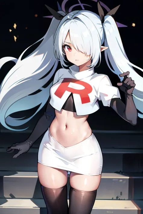 (masterpiece), 1girl, hair over one eye,magical world, shiny steps, beautiful sky, stars, jupiter, ioridef, team rocket,team rocket uniform, red letter R, white skirt,white crop top,black thigh-highs, black elbow gloves