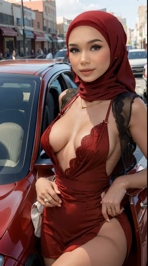 Vogue style side view photo shoot of malay 20years old young woman with hijab wear ((lace red dress)) with pastel colored background in Wes Anderson style, detail skin texture, detailed face, saggy breast, dark tits, camel toe, heavy big breast, view from ...