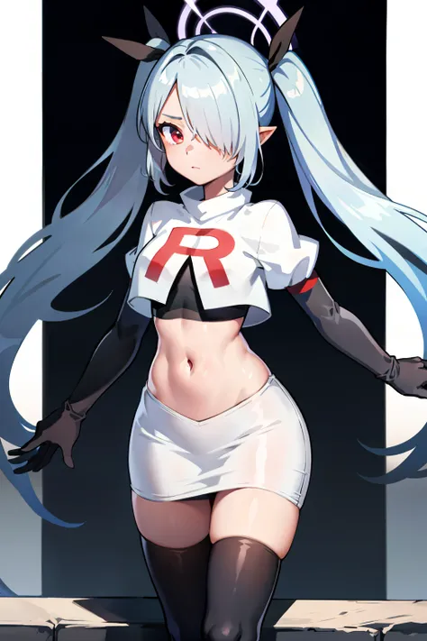 (masterpiece), 1girl, hair over one eye,magical world, shiny steps, beautiful sky, stars, jupiter, ioridef, team rocket,team rocket uniform, red letter R, white skirt,white crop top,black thigh-highs, black elbow gloves