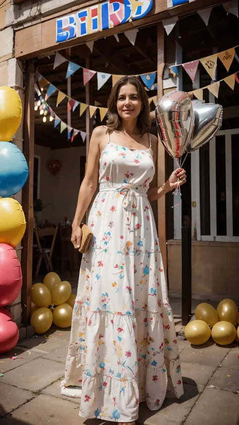 60 years old brunette woman wearing long dress celebrating birthday, torta, balloons and other party decorations