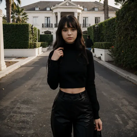 teen french girl with black long curly hair with bangs wearing a black turtleneck and black pants with a big modern mansion in a neighborhood in Beverly Hills background on a foggy day