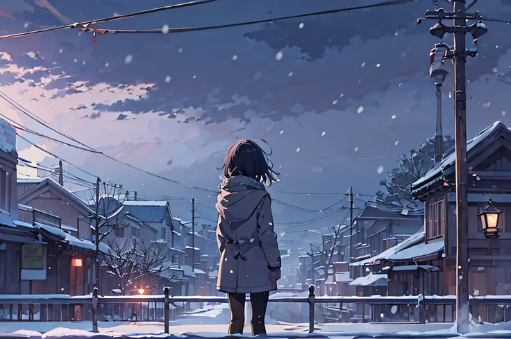 a girl stared at the sky in the distance、alone、long black hair、gray duffle coat、check the muffler、shorts、black leggings、boots、lo...