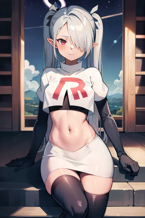 (masterpiece), 1girl, hair over one eye,magical world, shiny steps, beautiful sky, stars, jupiter, ioridef, team rocket,team rocket uniform, red letter R, white skirt,white crop top,black thigh-highs, black elbow gloves