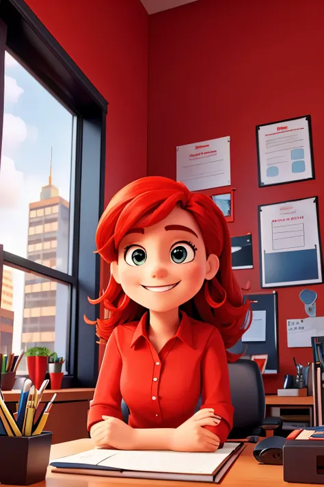 A vibrant office space filled with red accents, windows, and sitting and smiling employee who loves red.
