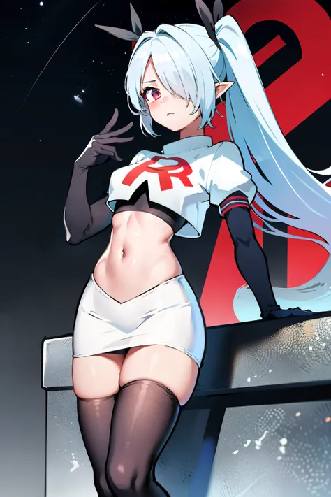 (masterpiece), 1girl, hair over one eye,magical world, shiny steps, beautiful sky, stars, jupiter, ioridef, team rocket,team rocket uniform, red letter R, white skirt,white crop top,black thigh-highs, black elbow gloves