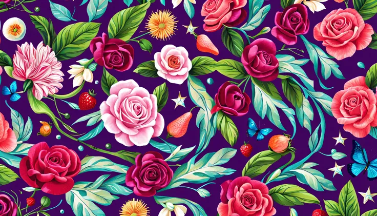 Seas of STARRY SKY with the FLOWER PATTERN in the (PURPLE BACKGROUND)— ocean breeze, sun-bleached driftwood, and a touch of salty sea air. ((small stars)) colorful tropical bird, flamingo, pearls, jewels, ((butterfly)), ((WHITE PEARL)), (strawberry), pink ...