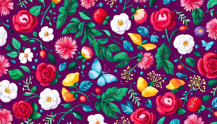 Seas of STARRY SKY with the FLOWER PATTERN in the (PURPLE BACKGROUND)— ocean breeze, sun-bleached driftwood, and a touch of salty sea air. ((small stars)) colorful tropical bird, flamingo, pearls, jewels, ((butterfly)), ((WHITE PEARL)), (strawberry), pink ...
