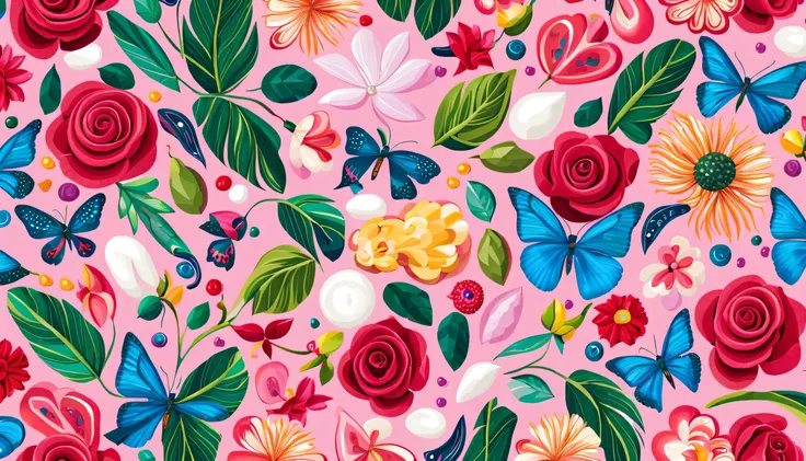 Seas of COLORFUL JEWELS In the (PINK BACKGROUND)— ocean breeze, sun-bleached driftwood, and a touch of salty sea air. ((small stars)) colorful tropical bird, flamingo, pearls, jewels, ((butterfly)), ((WHITE PEARL)), (strawberry), BLUE rose, cherry || (embr...