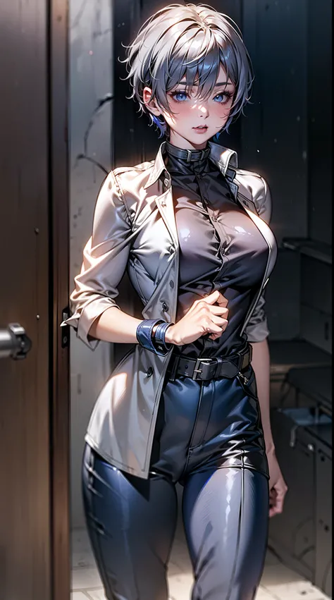 (adult woman), gray hair, (ultra short:1.3), blue colored eyes, Blue leather raincoat, belt, circuit, pants, masterpiece, high quality, ((NFSW:1.3))