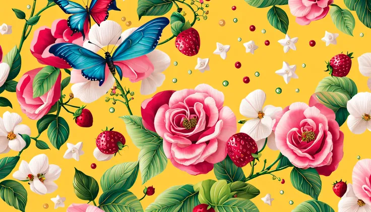 Seas of freshness with the Ocean tropical breeze in the YELLOW background— ocean breeze, sun-bleached driftwood, and a touch of salty sea air. colorful pearls, jewels, ((butterfly)), ((yellow small stars)), (strawberry), pink rose || (embroidery) seamless...