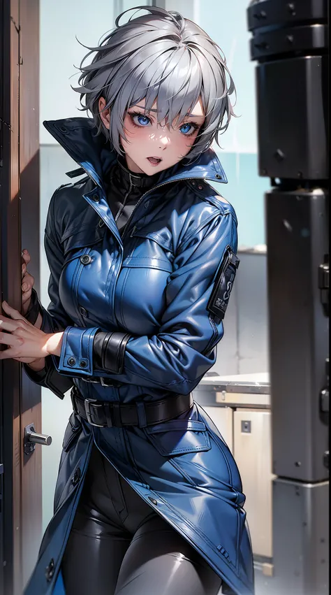 (adult woman), (gray hair, ultra short:1.3), blue colored eyes, medium breasts, (Blue leather raincoat), belt, pants, office, masterpiece, high quality, ((NFSW:1.3))