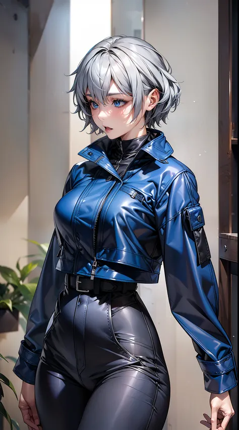 (adult woman), (gray hair, ultra short:1.3), blue colored eyes, medium breasts, (Blue leather raincoat), belt, pants, office, masterpiece, high quality, ((NFSW:1.3))