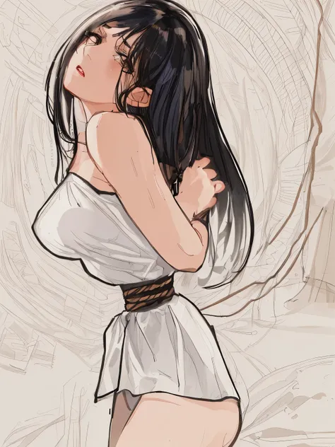 ((masterpiece)), ((best quality)), (ultra-detailed), torture room,(((rope strongly bound waist))),a cute girl, 1girl, solo,camisole,beautiful black hair, (beautiful black eyes), long hair, expression of agony