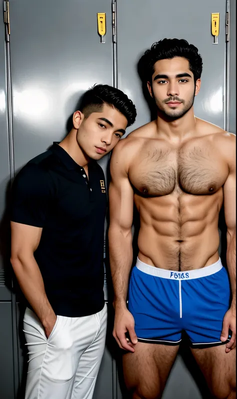 Two men pictured a young, thin man next to his sexy muscular 55-year-old teacher, together in the school locker room; first the young man, is submissive, of short size, without clothing, curly hair, brown skin, youthful face, full body, body with hair on c...