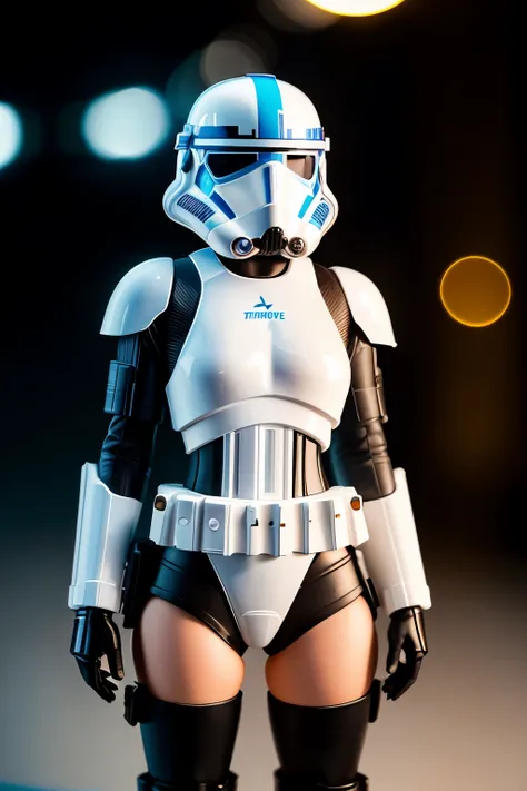 Photo of a female Stormtrooper from Star Wars, (full body), ((Dynamic portrait)), ((Hyperrealism)), ((Detailed RAW color art)), ((Bokeh effect)), ((Leading Lines Shot)), ((Tilt-Shift (Simulating Miniature Scenes))), ((Butterfly lighting)). She wears the ic...