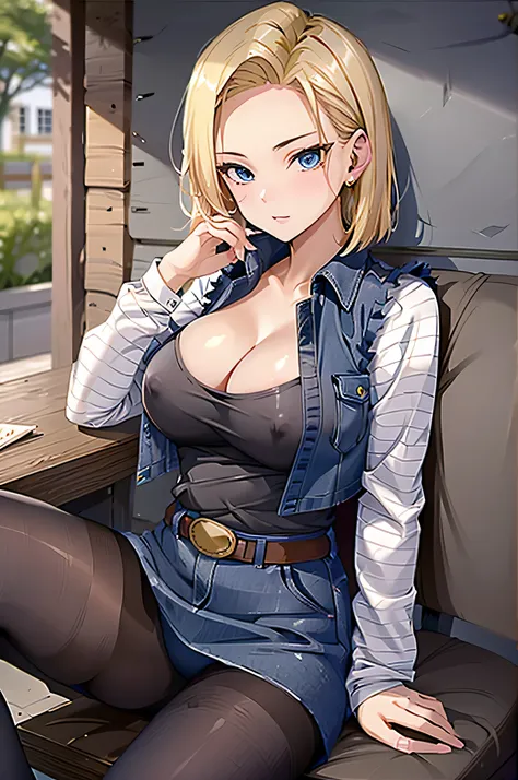 highest quality， High resolution， and 18， 1 girl， android 18， alone， blonde， blue eyes， short and thin hair， 耳Nipple Ring， gem， denim dress， open your vest， black pantyhose， black shirt， denim skirt， striped long sleeve， blue skirt，big cleavage， cowboy len...